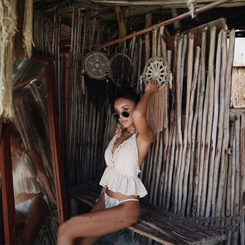 

Women Crochet Lace Floral V-Neck Sexy Backless Halter Bohemian Lace-up Sleeveless Short Crop Top Blouses