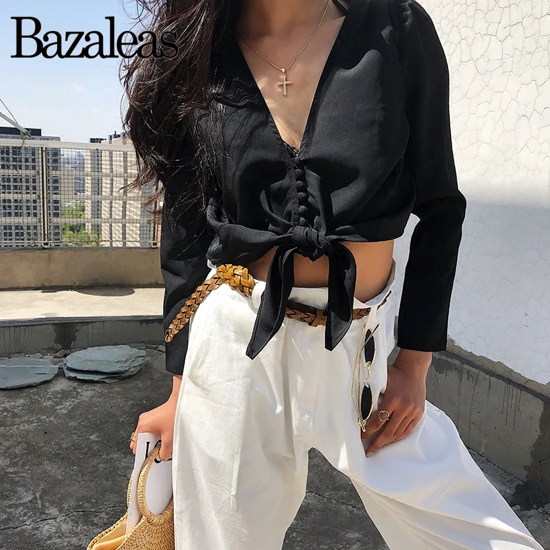 

Bazaleas V Neck womens tops and blouses Vintage Center Buttons Crop Top blouse Bow Cropped blusas Casual Fashion blusa feminina