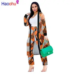 HAOOHU комплект из 2 частей для женщин 2018 плюс размеры кардиган длинный плащ Топ и штаны бодикон костюм повседневная одежда осень комплект