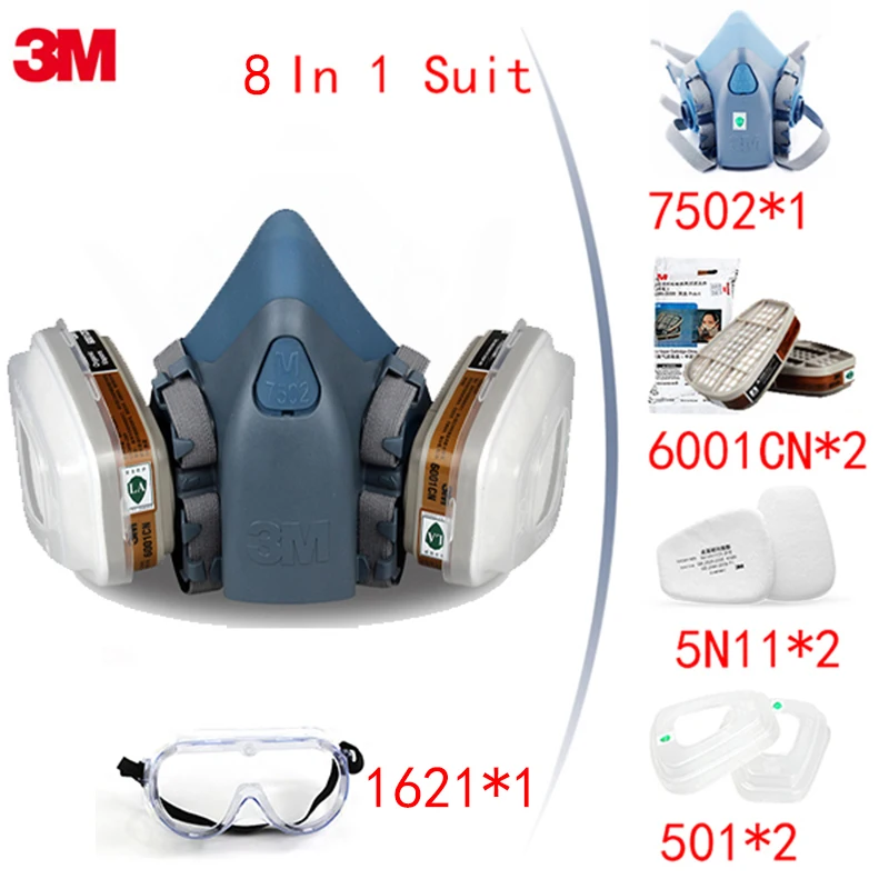 

8 In 1 3M 7502 Gas Mask Dust Mask Industrial Gas Decoration Paint Formaldehyde Dust Activated Carbon Mask With 3M 1621 Goggles
