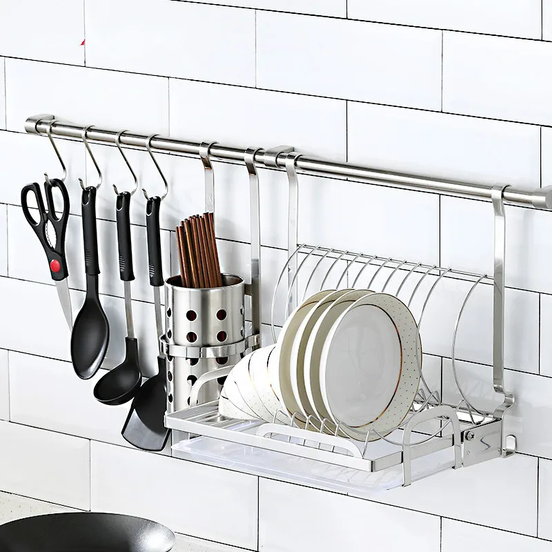 Kitchen stainless steel with folding drip tray design wall-mounted storage pendant tableware rack LU4191