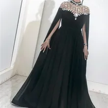 Блестящие черные кристаллы арабские вечерние платья Yousef Aljasmi с высоким вырезом, длинные шифоновые дешевые Африка Дубай знаменитостей