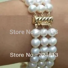 Изящный 3 ряда 7-8 мм белый пресноводный жемчуг браслет 7,5''