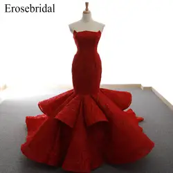 2018 вечернее платье красного цвета кружево Русалка Элегантный платье без бретелей de soiree на шнуровке сзади платье с несколькими слоями vestido de