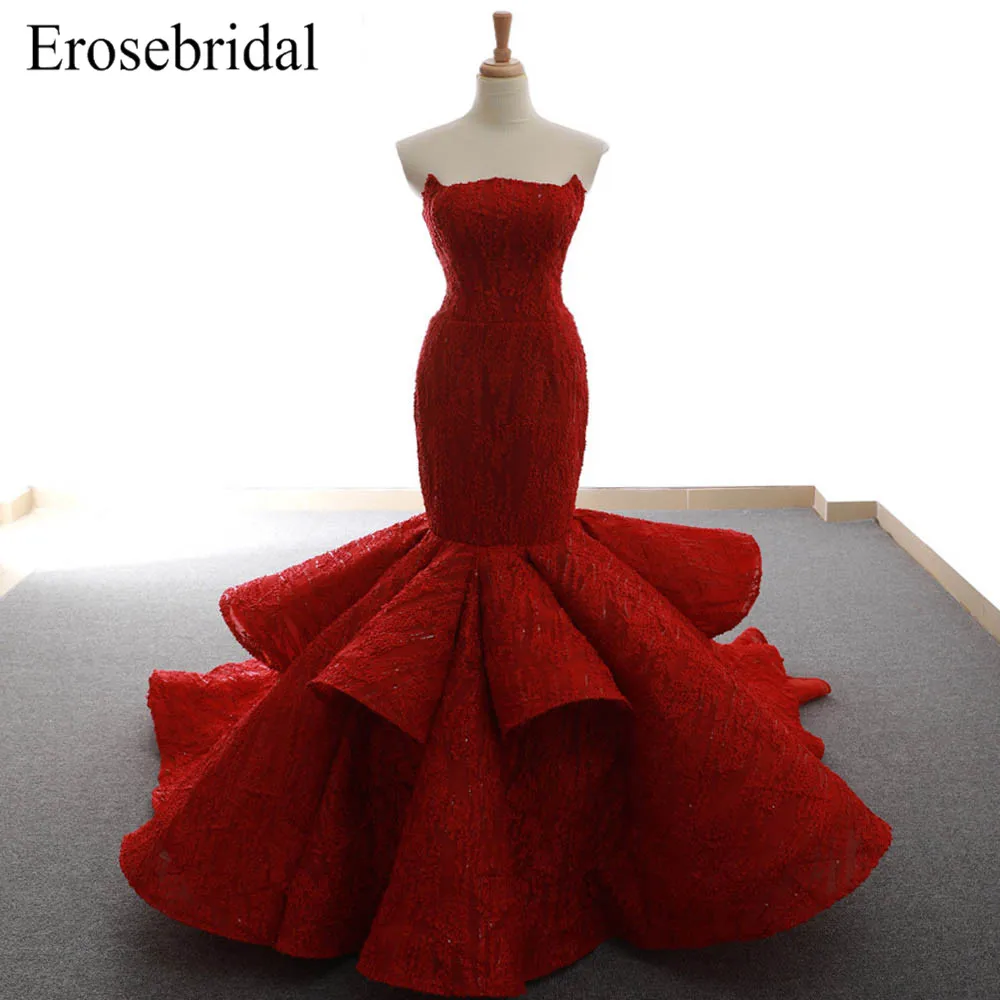 

2019 Evening Dress Red Color Lace Mermaid Elegant Strapless robe de soiree Lace Up Back Tiered Gown Vestido De Festa