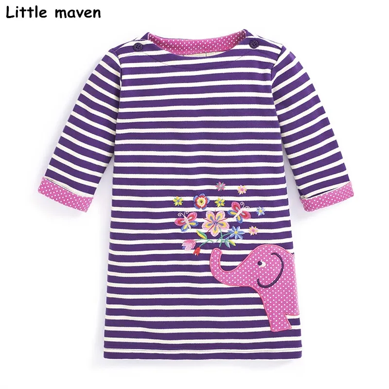Little maven kids dresses for girls autumn baby girls clothes Cotton striped elephant embroidered straight dress