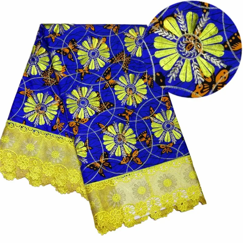 

Royal Blue Ankara African Wax Prints Fabric Hollandais style With Yellow Embroidery High Quality 6yard for Party Dress F93-19