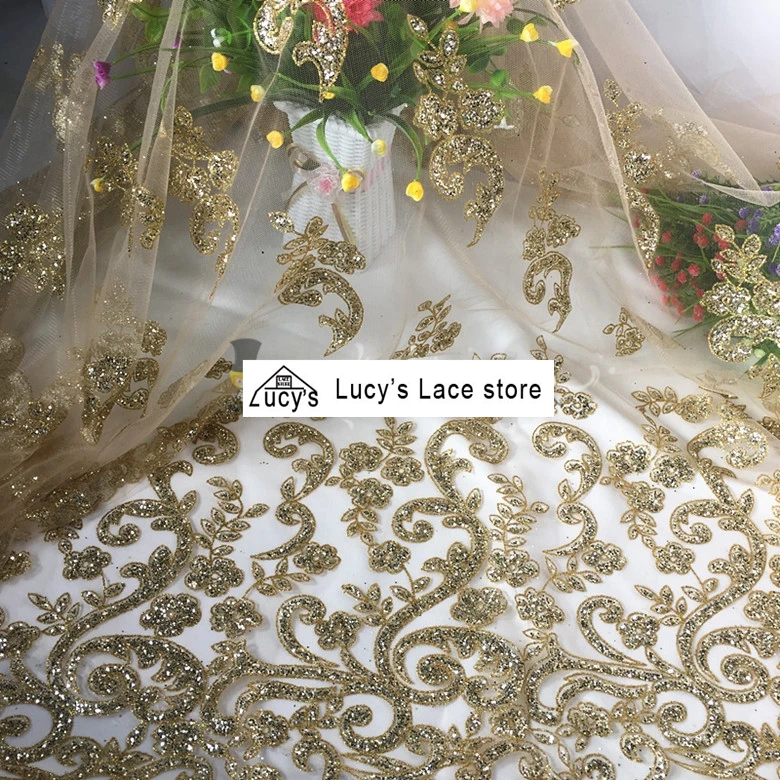 

1 Yard gold sequins fabric 2018 NEW shiny glitter tulle lace fabric material