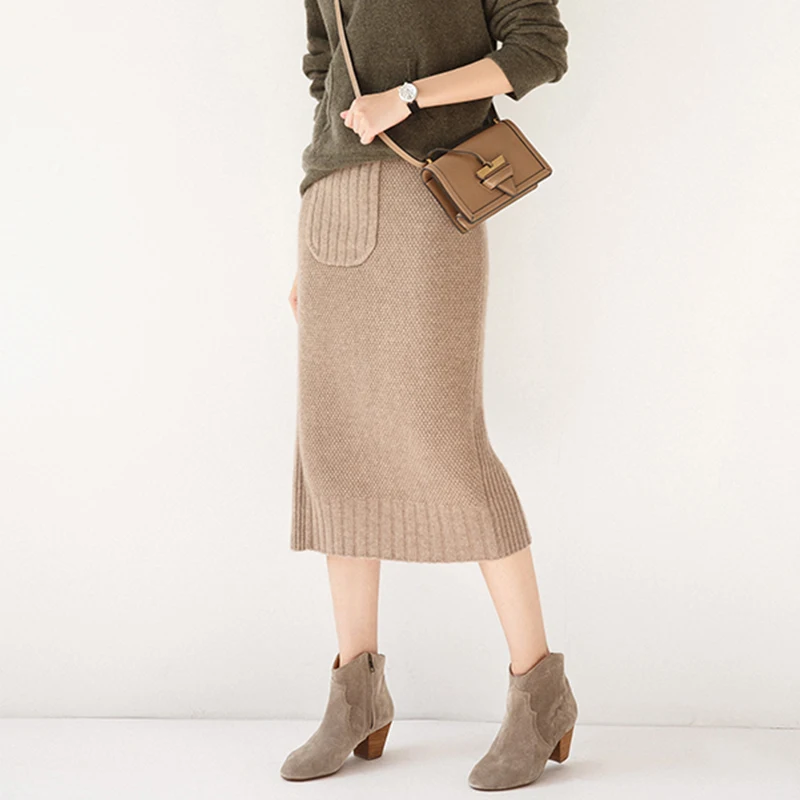 

2019 spring skirt sexy chic straight tube ladies solid color half-length cashmere skirt wool knit skirt hip and hip skirt