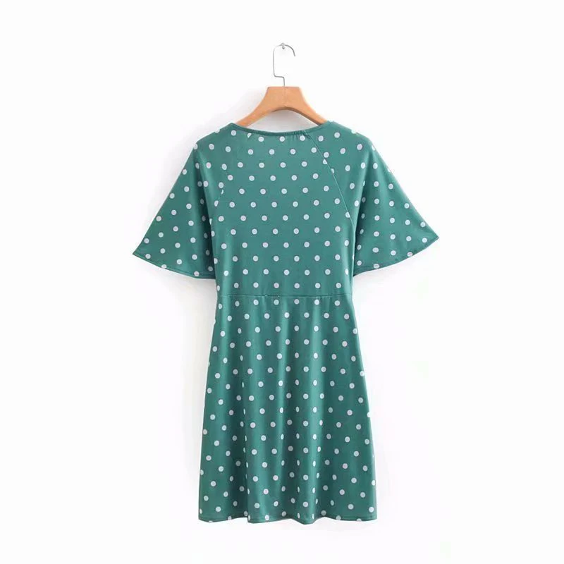 Dot Printed Sexy Dress Women's Casual Summer Short Sleeve Deep V-Neck Slim Dress Fashion Beach Mini Dresses with Bow