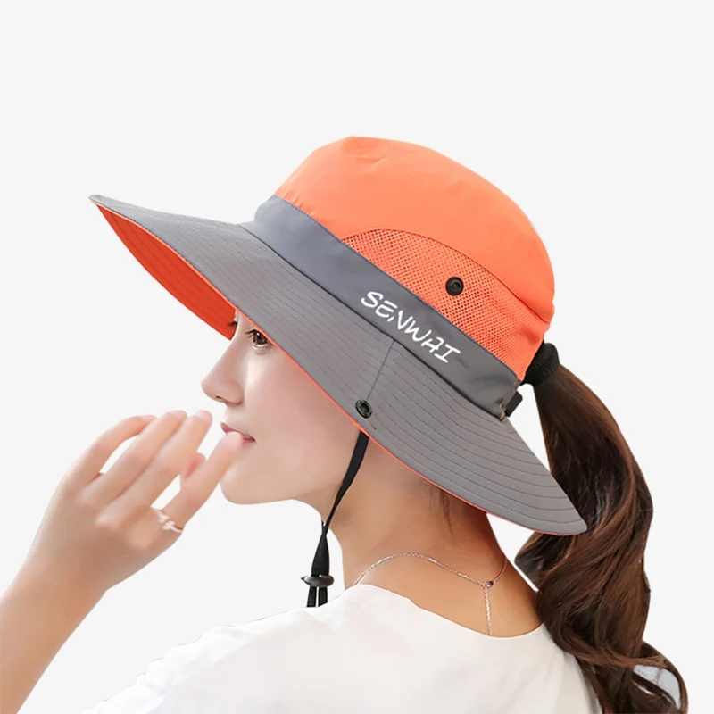 Outdoor Hiking Wide Brim Bucket Hat Women Quick Drying Breathable Packable Sunshade UV-proof Ponytail Cap With Chain Strap - Цвет: Orange