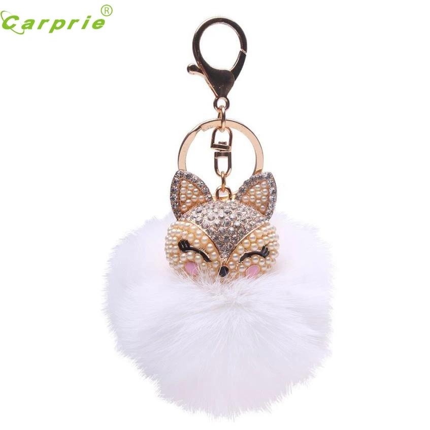 

New Arrival Fox Fur Ball with Artificial Fox Head Inlay Pearl Rhinestone Car Key Chain Oct20 2017