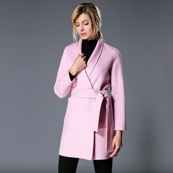 

Europe Women's High Fashion Turn Down Collar Sashes Middle Long Pink Cashmere Coat Female Double Side 90% Woolen Blends Outwear