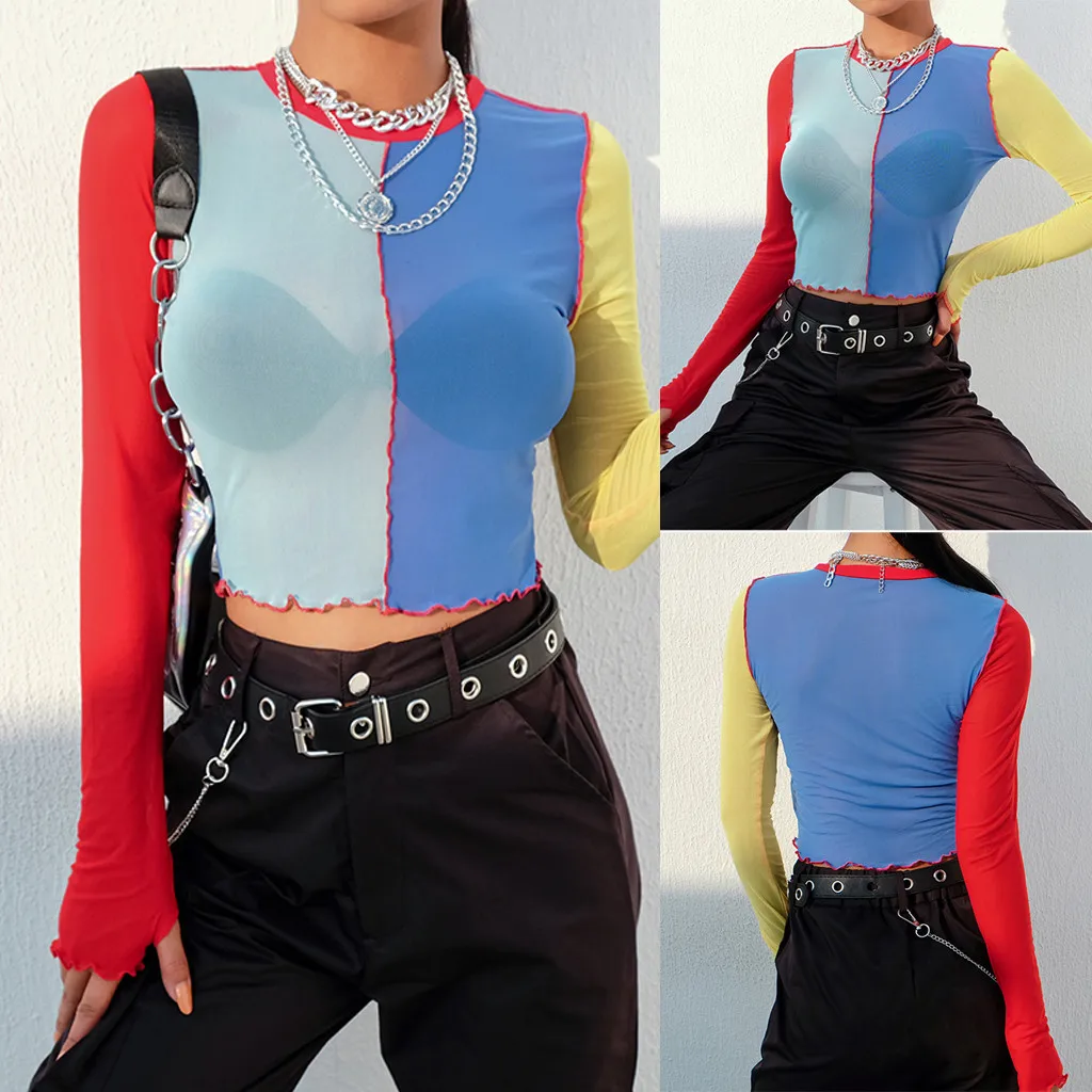 

Fashion women's sexy short section O-neck long-sleeved color block mesh perspective stitching cloth short navel shirt#15