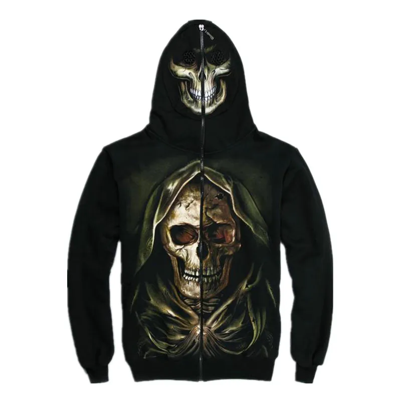 

Spring Autumn Men's Luminous Skull Printed Zipper Hooded Hoodies Winter Male Fleece Warm Skull Mask Hoodies Plus Size Coat SSW94