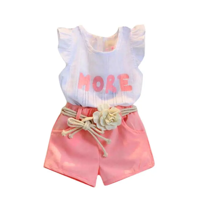 

shaunyging # 4012 Toddler Kids Baby Girls Print Sleeveless T-Shirt+Shorts+Belt Outfits Clothes Set
