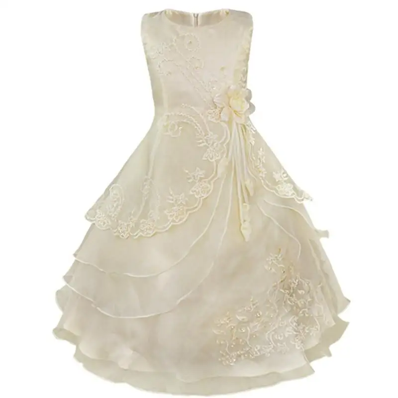 Новое платье для девочек с обручем внутри, с цветочной вышивкой, вечерние платья подружки невесты на свадьбу, платья принцессы, официальная детская одежда - Цвет: Champagne