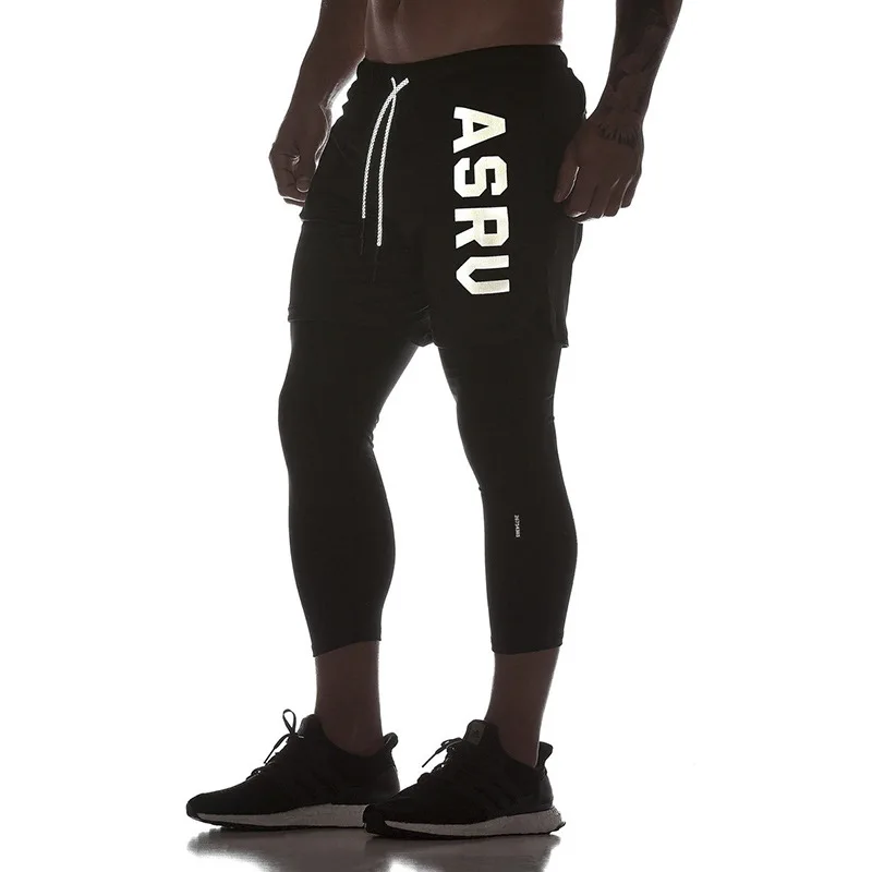 

2019 Brand Mens Sportswear Legging Feet Pants Fake 2 Pieces Nine Pants Running Fitness Work Out Short Pants Men Joggers