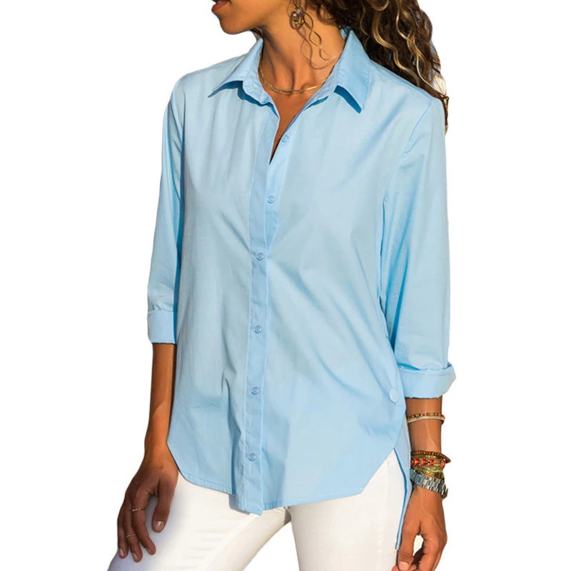 Необычная шифоновая женская рубашка с длинным рукавом размера плюс 5XL, блузка с белыми пуговицами для офисных леди, весна, женские блузки и топы - Цвет: Синий