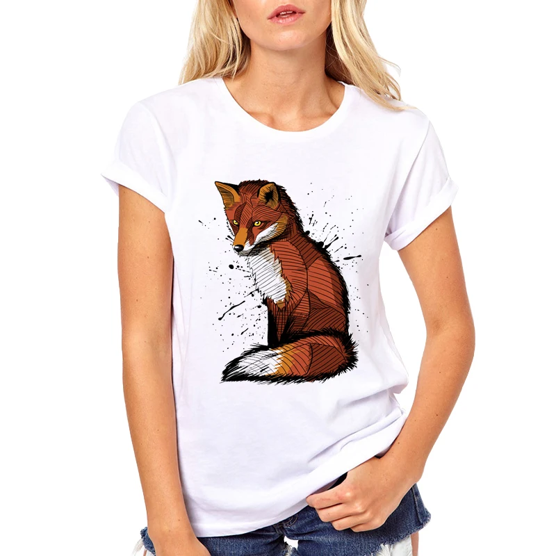

2019 Kawaii Animal Fox Print T-Shirt Women Tops Hand Painted Stain Fox Tee Shirt Female White Harajuku Girl Tshirt Top Tees