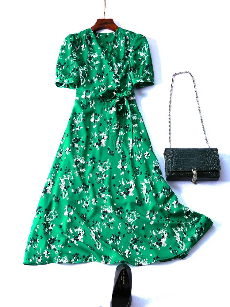 

Women sexy summer wrap dress short sleeve elegant midi dresses high street chic new 2019 spring runway brand green