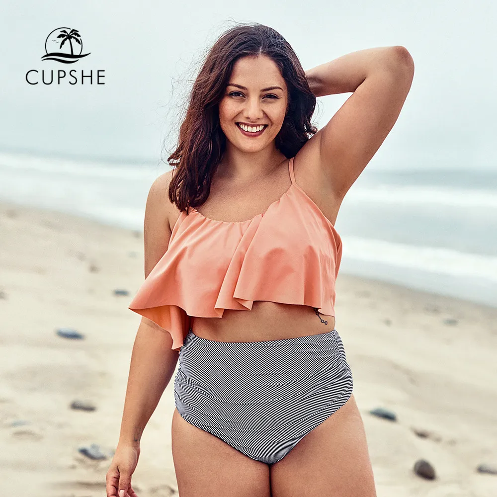 

CUPSHE Plus Size Pink Ruffled Tank Bikini High-waisted Tankini Woman Two Pieces Swimsuits 2019 Girl Beach Bathing Suits Swimwear