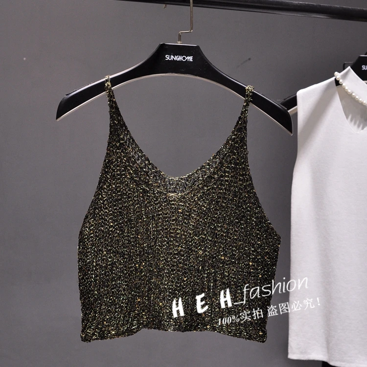 

2017 Summer sleeveless V neck bling bling knitted camis women sexy metallic gold crop tops women Shiny Silver Camisole tops