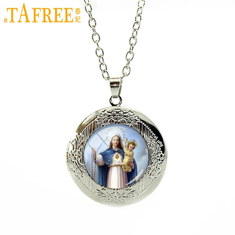 

TAFREE High quality glass cabochon pendant necklace Virgin Mary of children Christian Catholic accessory gift women jewelry VM22