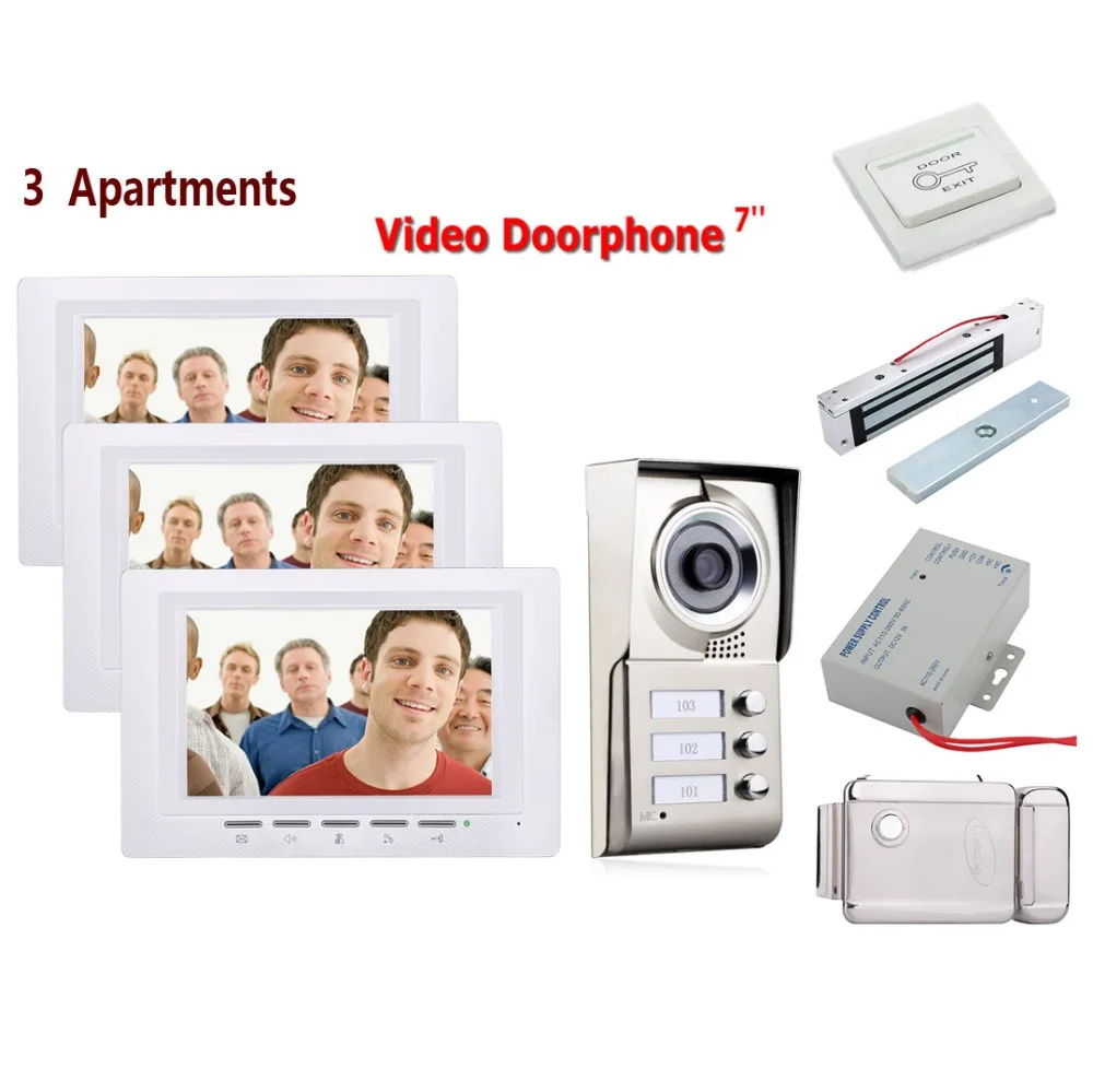 

Home set 7inch 3 Apartments Video Door Phone Intercom System IR-CUT HD 1000TVL Camera Doorbell Camera +Electric Lock