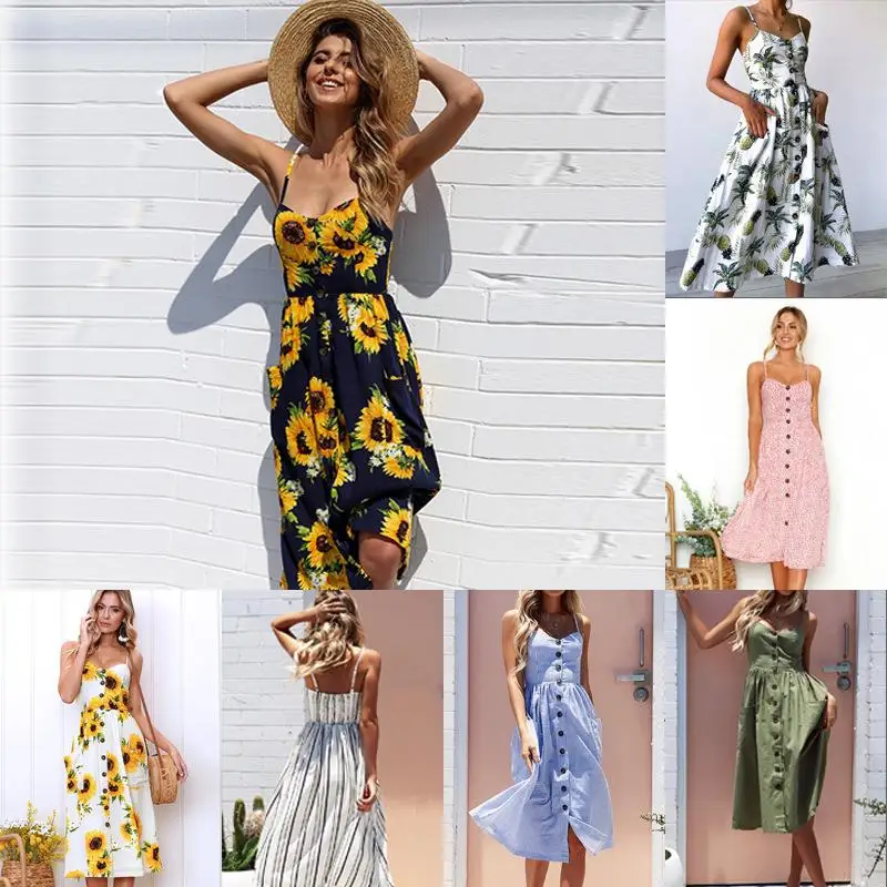 

Women's Summer Dress Off-the-shoulder 2019 Vintage Sexy Bohemian Floral Beach Dress Sundress Pocket Red White Striped Female
