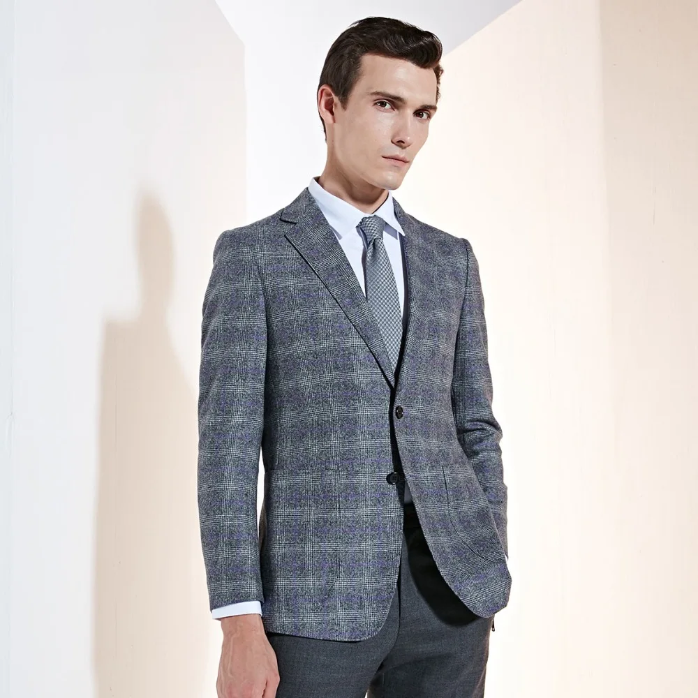 

100% wool blazer men grey plaid mens clothes 2018 new autumn winter warm fashion single breasted wedding groom wear full sleeve