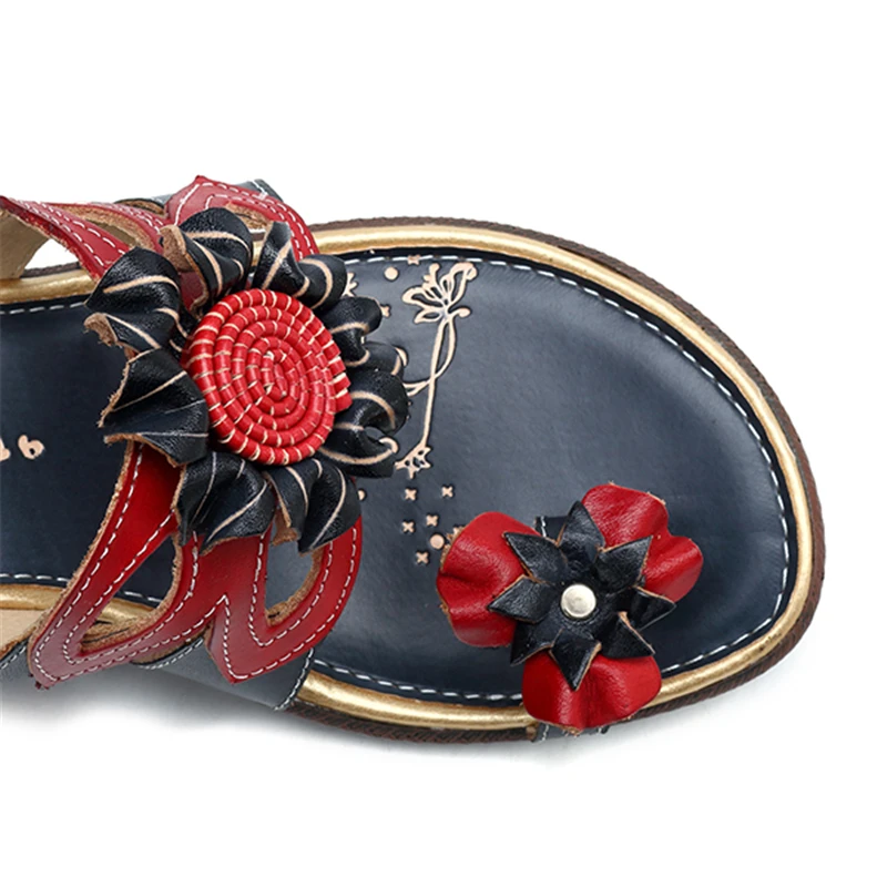 Socofy Flip Flops Slippers Women Shoes Genuine Leather Vintage Flower Ladies Shoes Summer Casual Slippers Beach Flat Slides New