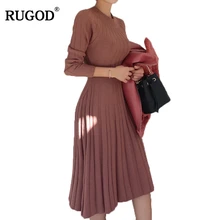 Rugod 2018 новый туника Дизайн плиссированное платье Для женщин Платья-свитеры круглым Средства ухода за кожей шеи с длинным рукавом твердых пуловер вязаное платье Vestido