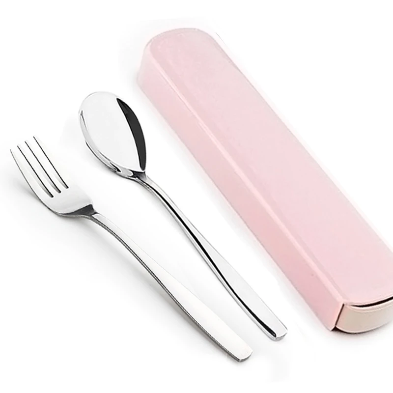 LANSKYWARE Прямая портативный набор столовых приборов столовая посуда из нержавеющей стали комплект дорожная посуда набор - Цвет: Pink