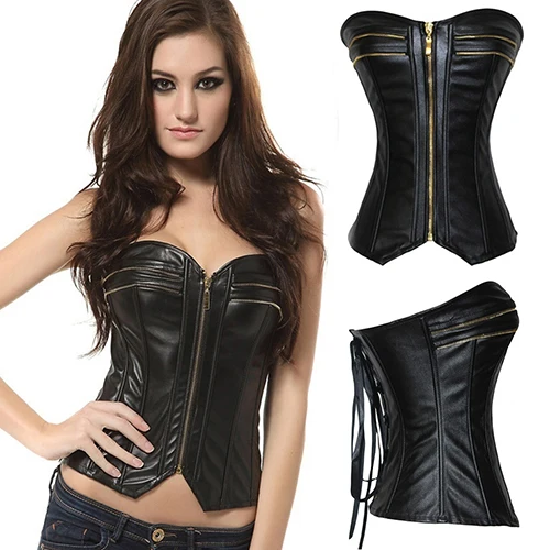 

Women Sexy Faux Leather Zipper Strapless Corset Bustier Waist Corselet