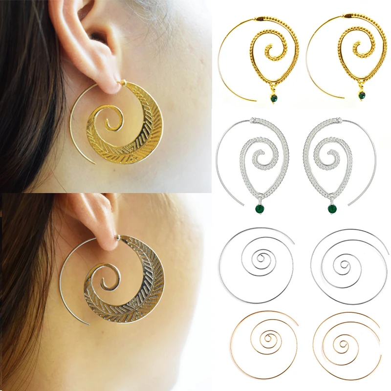 

LNRRABC Fashion Personality Round Spiral whirlpool Shape Retro Exaggeration Earring For Women Golden Silvery 4 style