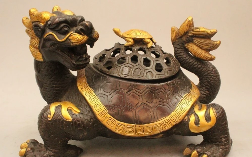 

6" Chinese Fengshui Purple Bronze Gild Dragon turtle Beast Incenser Burner Cense