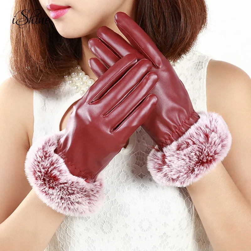 Women PU Leather Feel the Screen Thickened Velvet Gloves Windproof