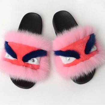 

Women's Winter Real Fox Fur Slippers Indoor Fluffy Plush Home Shoes Cute Little Monster Sandals Women Slides Furry Flip Flops