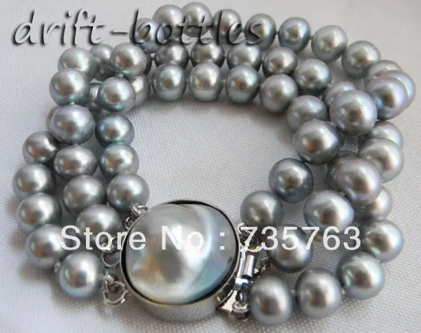 

xiuli 00226 A 3Strands 8'' 10mm Gray Round Freshwater Pearl Mabe Clasp Bracelet