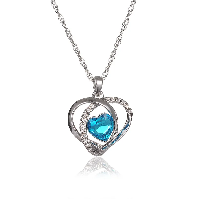 

Korean Blue Crystal Necklace Short Pendant Fashion Rhinestone Love Necklace Gift For Girl Friend