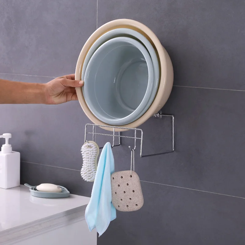 Stainless steel 3 hooks hanging washbasin rack strong load basin holder silver towel brush shelves bathroom storage organizer Stainless steel 3 hooks hanging washbasin rack strong load basin holder silver towel brush shelves bathroom storage organizer