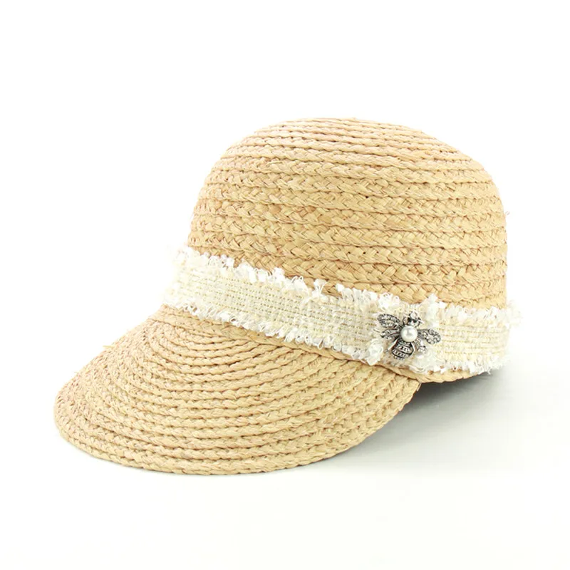 New Design Tweed Belt Raffia Baseball Caps Fashion Women Beach Hats With Bee Female Summer Straw Sun Visor Caps Wholesale - Цвет: white