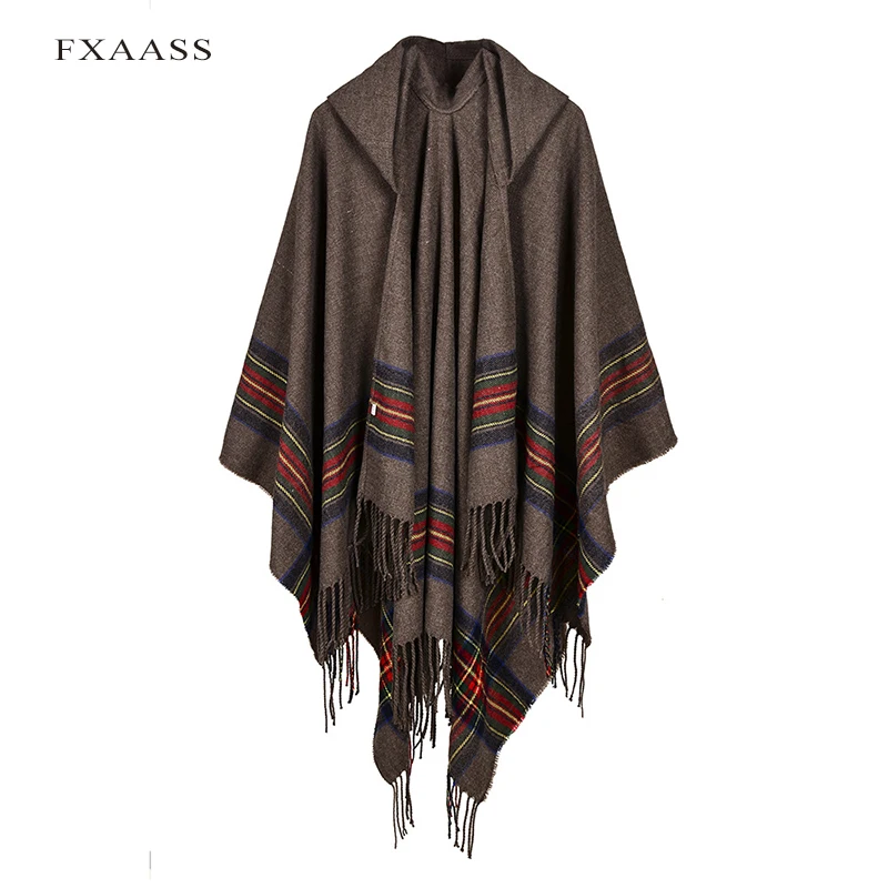 

FXAASS New Autumn/Winter Shawl Fashion Striped Women Scarf Scotland Cloak Luxury Plaid Cashmere Scarves Warm Poncho Wholesale