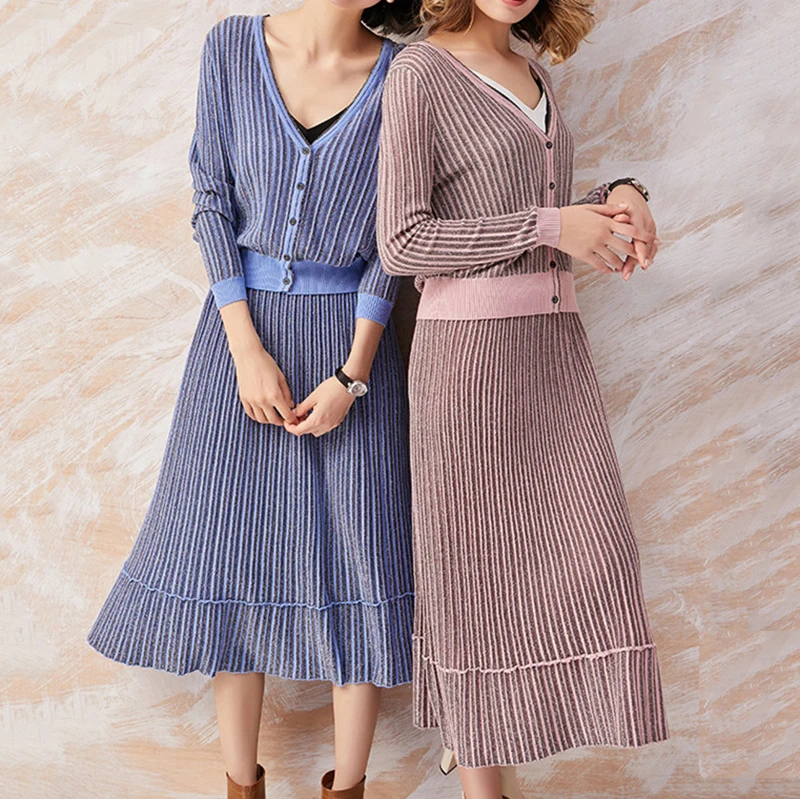 

2018 Women Sweater Suits Vertical Stripe Glitter Full Knitted Cardigan + High Waist Midi A-line Pleated Skirt 2 piece set women