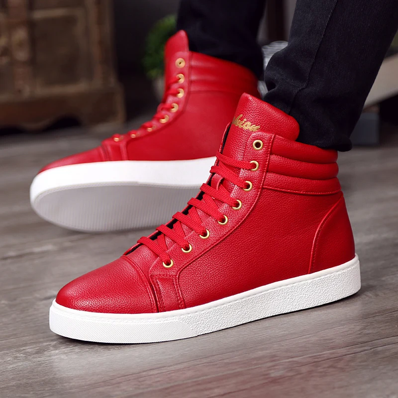 New Fashion High Top Casual Shoes For Men PU Leather Lace Up Red White ...