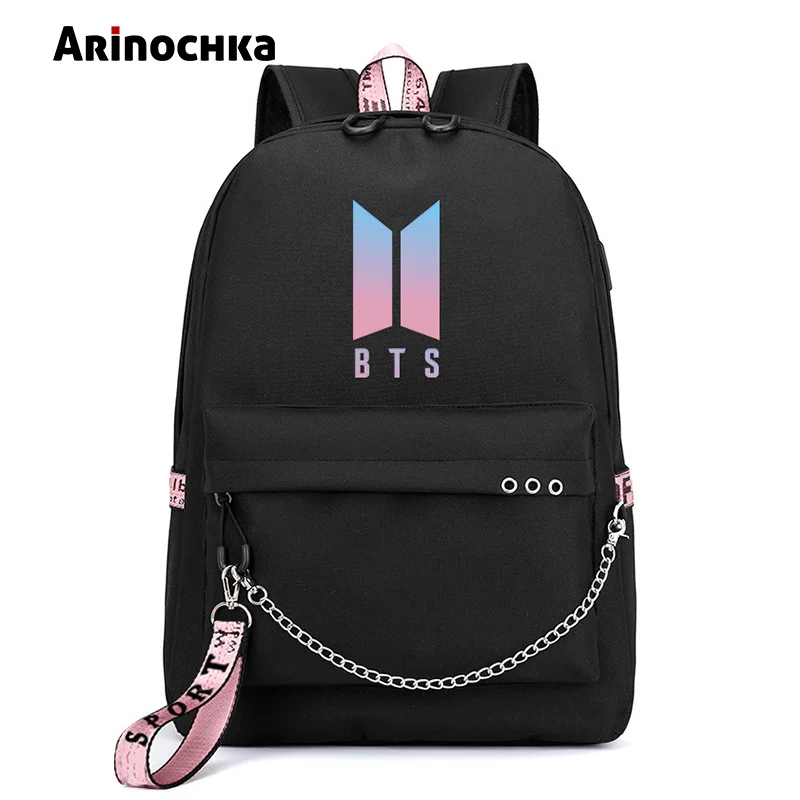 Korean Fashion BTS Bangtan Boys Letter Backpack LOVE YOURSELF USB Charging Travel Bag for Teenager Girls Ribbon Chains Schoolbag