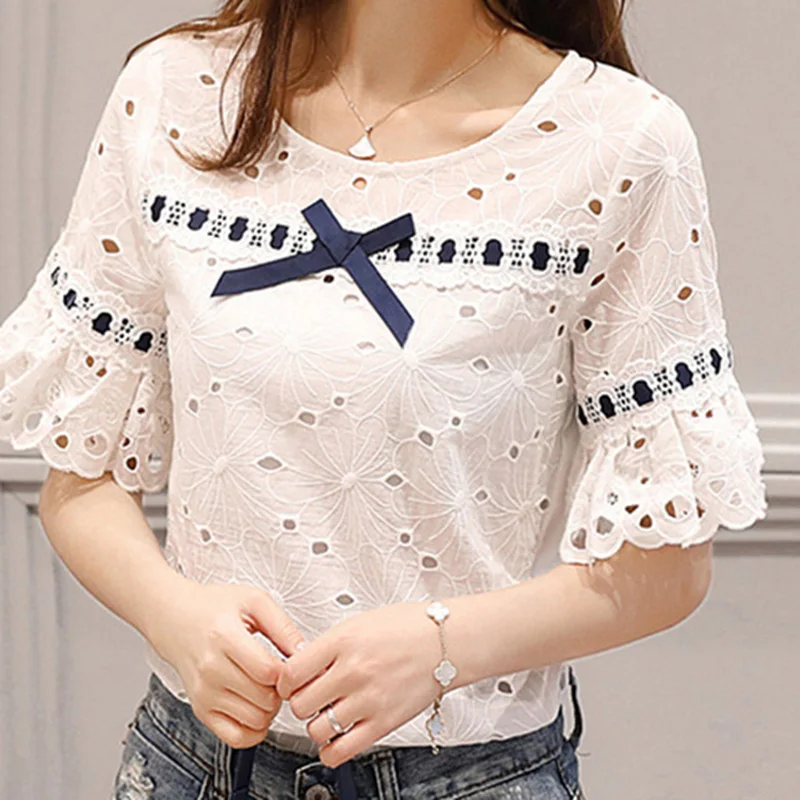 Cool Summer Lady White Lace Blouses Size S 2XL O Neck Short Sleeve