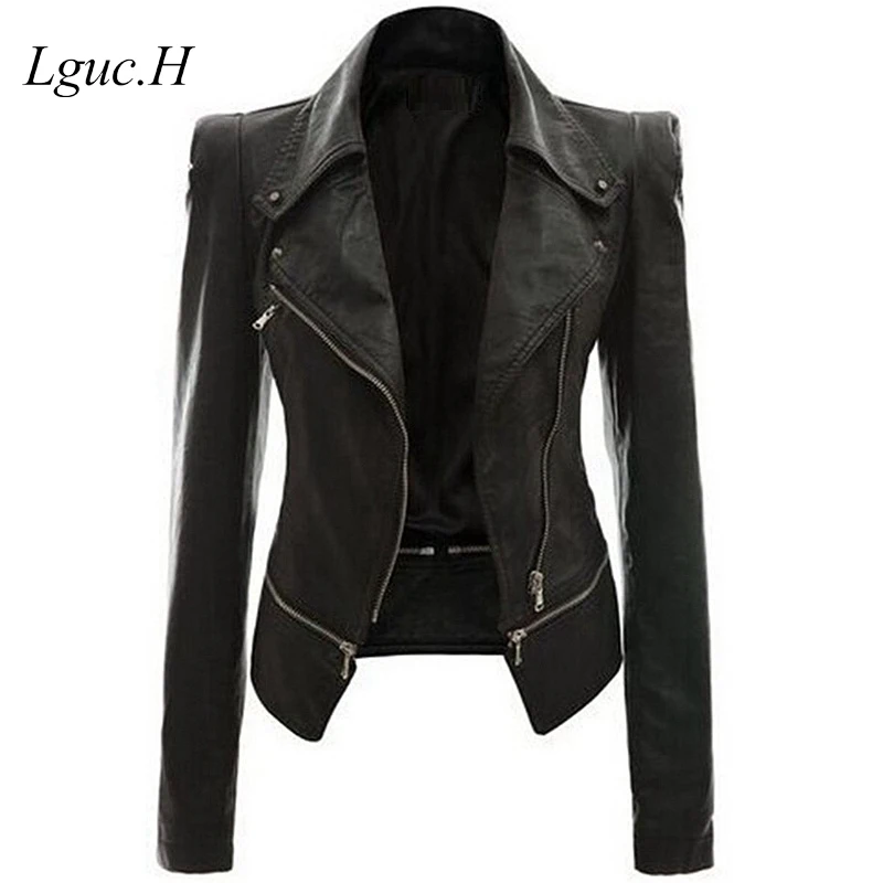 Lguc.H Women Leather Zipper Jackets Black Khaki Army 2017 Autumn Winter