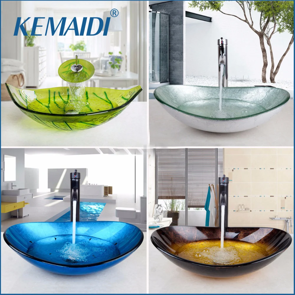 Billige KEMAIDI UNS Wasserfall Auslauf Becken Schwarzen Hahn + Waschbecken Waschbecken Gehärtetem Glas Hand Bemalt Bad Messing Set Wasserhahn mischbatterien